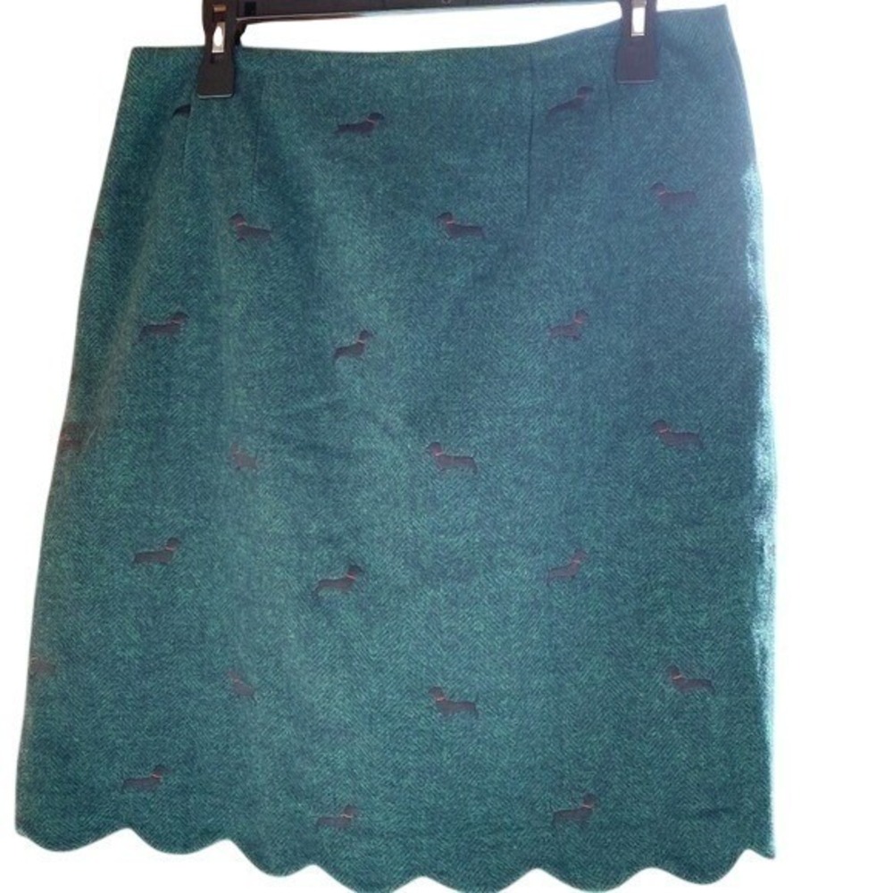 Talbots Dachshund Herringbone Scallop‎ Wool-Blend Skirt Women 8 Green